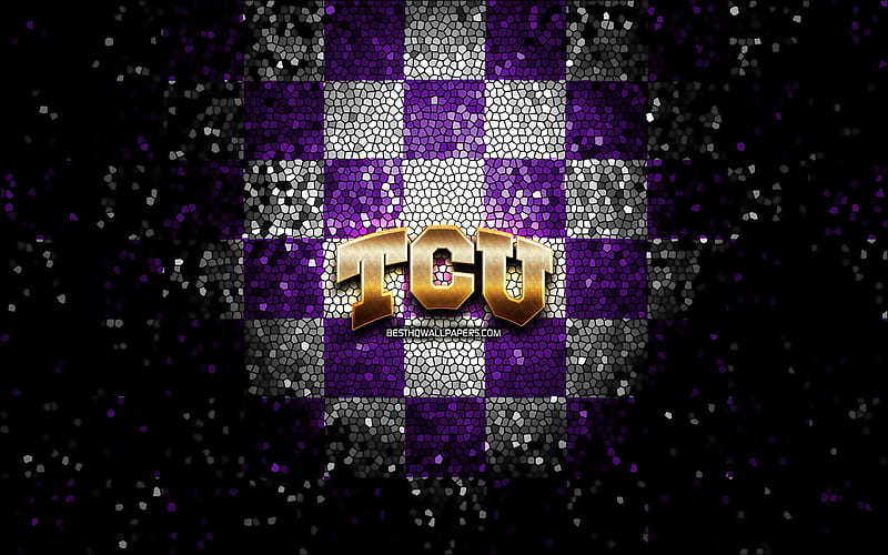 TCU Horned Frogs, glitter logo, NCAA, violet white checkered background, USA, american football team, TCU Horned Frogs logo, mosaic art, american football, America, HD wallpaper