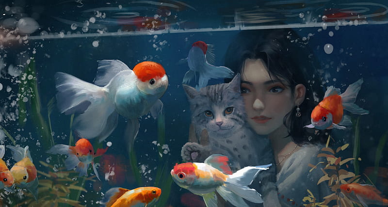 Women, Artistic, Fish , Cat, HD wallpaper