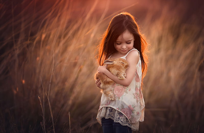 Little Girl With Rabbit In Hands , little-girl, children, cute, rabbit, HD wallpaper