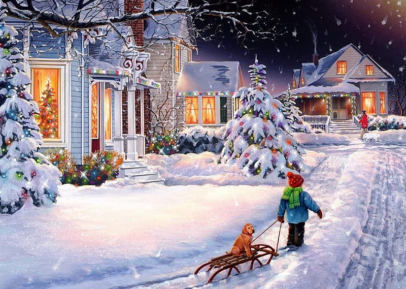 Christmas Night, snow, lights, Christmas, tree, sled, winter, dog, HD wallpaper