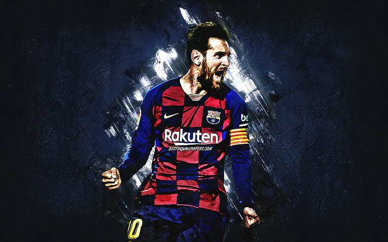 Lionel Messi, FC Barcelona, portrait, blue stone background, Leo ...