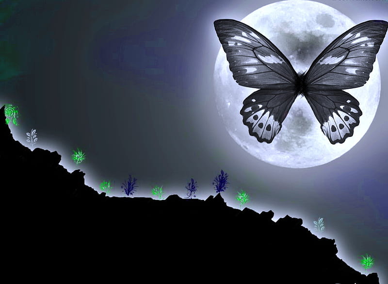 My moon, hills, purple, green, plants, butterfly imposed on moon, abstract, HD wallpaper