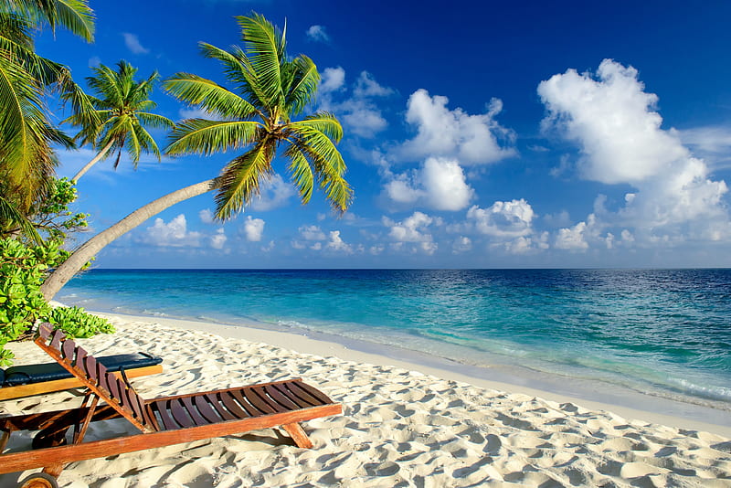 Tropical Beach, beach chair, clouds, sky, sea, palmtrees, HD wallpaper