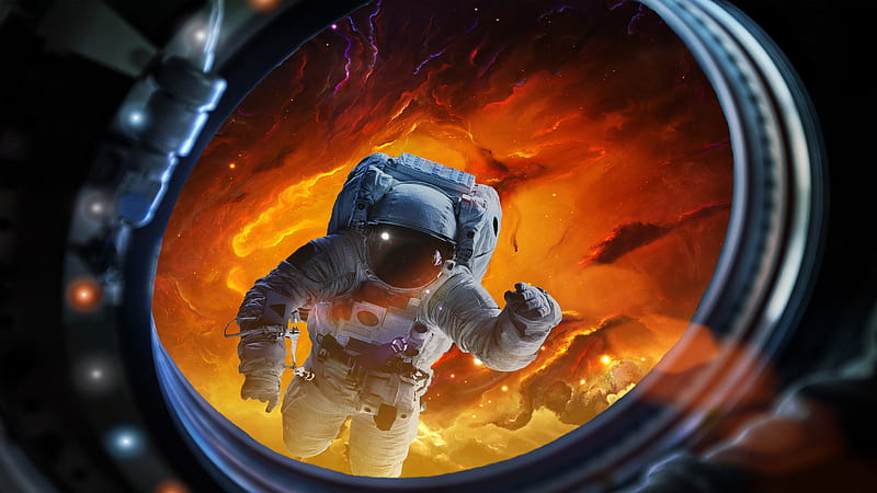 spacesuit, astronaut, orange nebula, galaxy, Space, HD wallpaper
