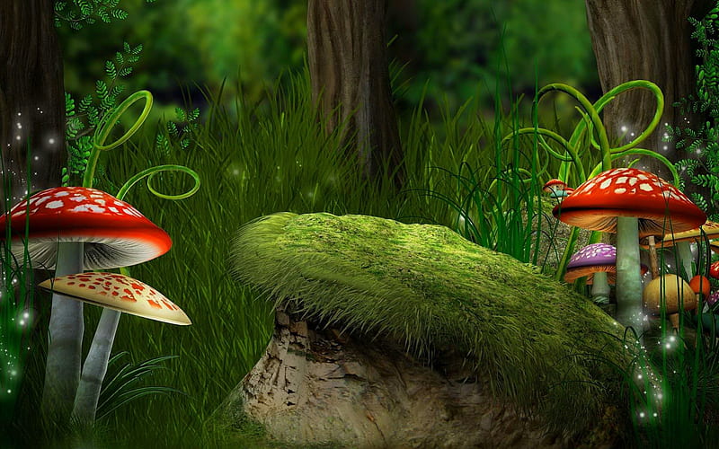 Fantasy forest, pretty, forest, art, lovely, grass, greenery, woods, bonito, trees, fantasy, nice, green, flowers, nature, mushrooms, enchanted, HD wallpaper