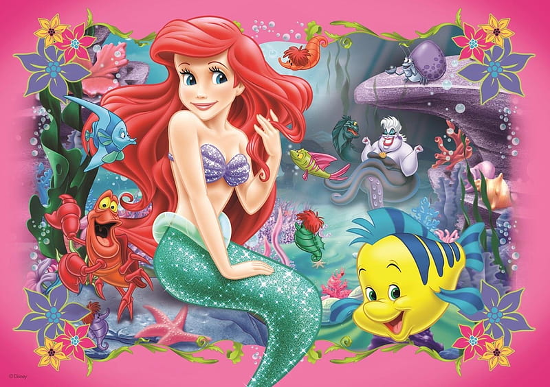 Ariel, movie, fish, redhead, mermaid, fabio, fantasy, girl, siren, princess, pink, disney, HD wallpaper
