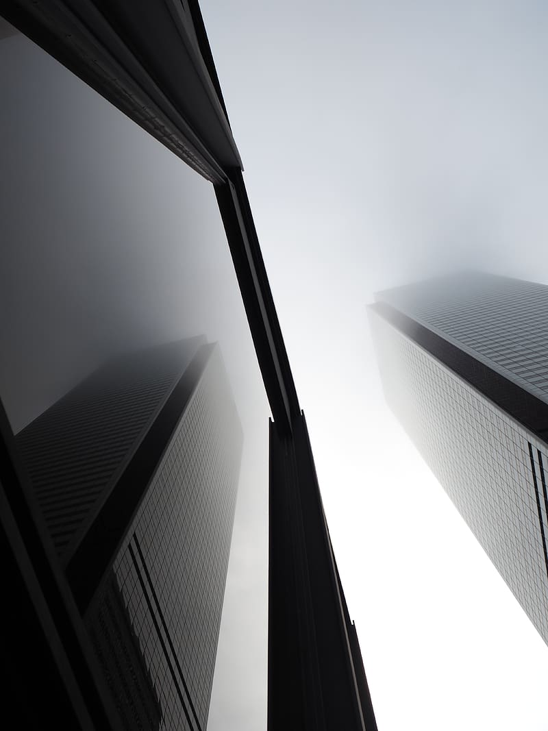 buildings, facades, bottom view, fog, black and white, HD phone wallpaper