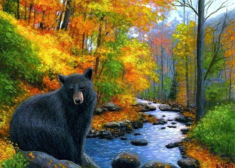 Fall Creek Visitor, forest, leaves, water, painting, bear, colors, trees, artwork, HD wallpaper