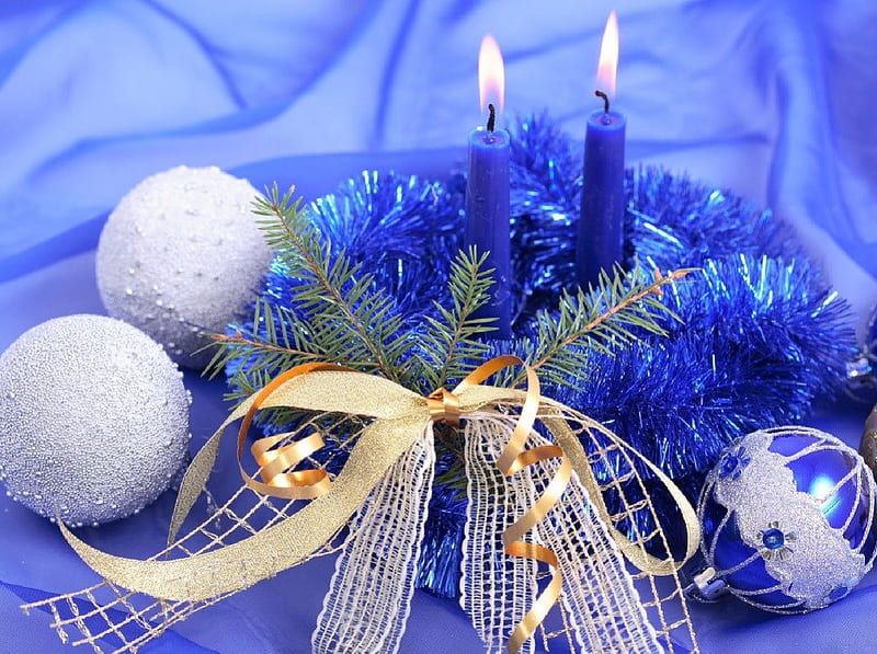 BLUE CHRISTMAS, baubles, christmas, tinsel, ribbons, candles, gold ...
