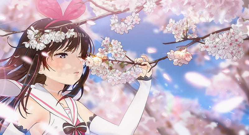 kizuna ai, a.i. channel, sakura blossom, virtual youtuber, brown hair, spring, Anime, HD wallpaper