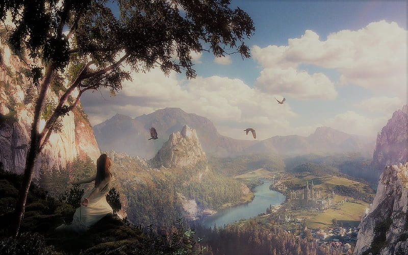 Dom, agua, fantasía, niña, montañas, pájaros, castillo, árboles, hogares,  Fondo de pantalla HD | Peakpx