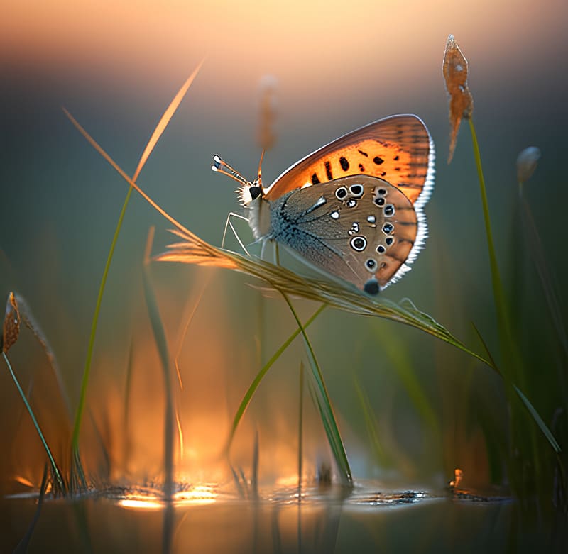 Butterfly on a blade of grass, Butterfly, Meadow, Sunset, Morning, Summer, HD wallpaper