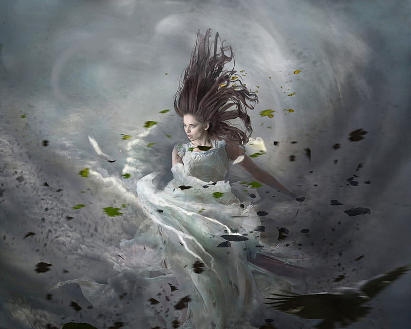 Twister, wind, fantasy, art, grey, madink art, leaf, girl, storm, HD wallpaper