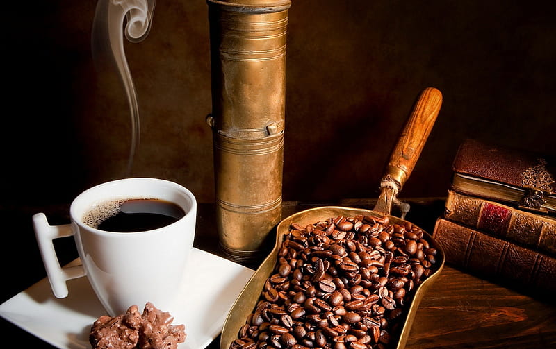 Fresh Coffee, cup, steaming, coffee, beans, HD wallpaper