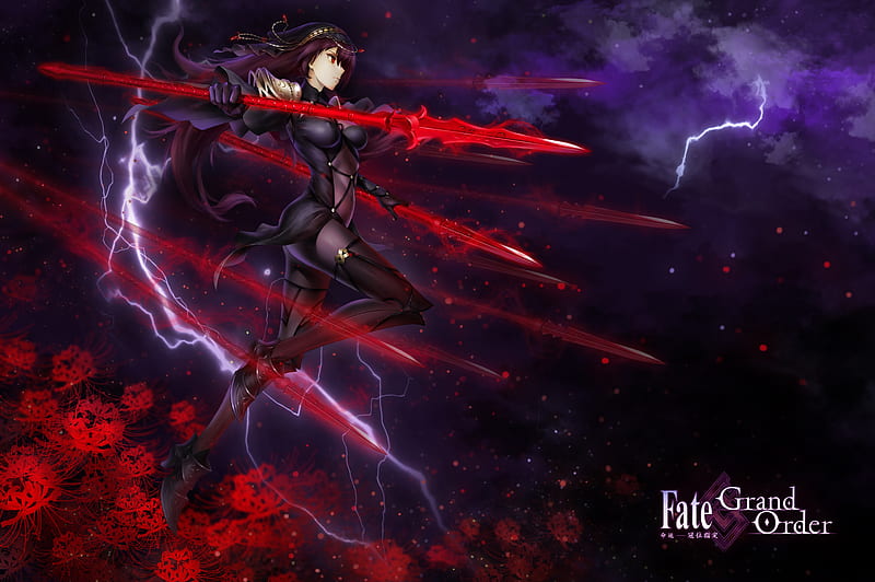 lancer (fate/grand order), red, hair, anime, dark, power, magic, anime girl, lancer, HD wallpaper