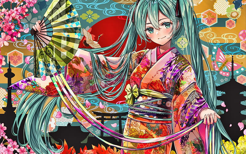 Hatsune Miku, kimono, Vocaloid Characters, manga, japanese traditional clothes, Vocaloid, Miku Hatsune, HD wallpaper