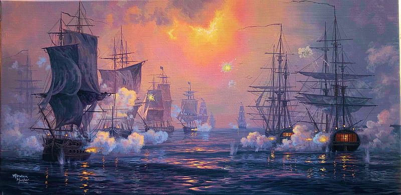 Battle of the Chesapeake, ships, painting, sunset, sails, sky, clouds, artwork, sea, HD wallpaper