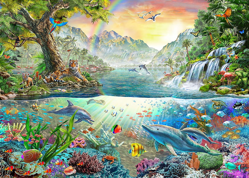 Wildlife, underwater, art, luminos, fish, tiger, animal, fantasy, adrian chesterman, summer, pisica, HD wallpaper