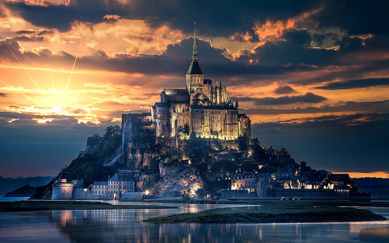 Mont-Saint-Michel, sunset, french landmarks, island, France, Europe, HD wallpaper