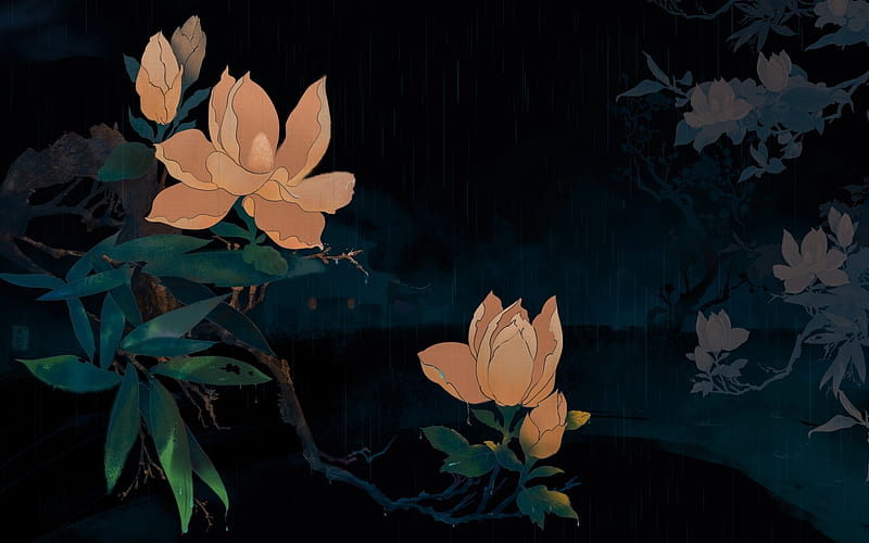 Magnolias bajo la lluvia, arte, magnolia, naranja, japonés, negro, verde,  gotas de agua, Fondo de pantalla HD | Peakpx