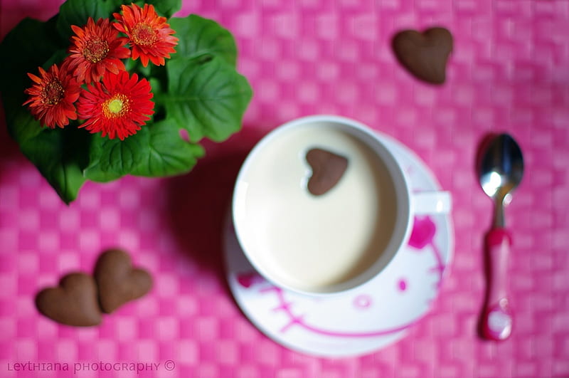 Good Morning Love, still life, chocolate, heart, flowers, cup, milk, HD wallpaper