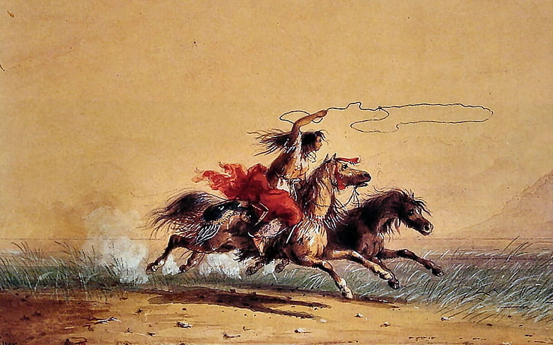 Lassoing Wild Horses, art, equine, bonito, illustration, artwork, horses, painting, wide screen, Native American, landscape, HD wallpaper