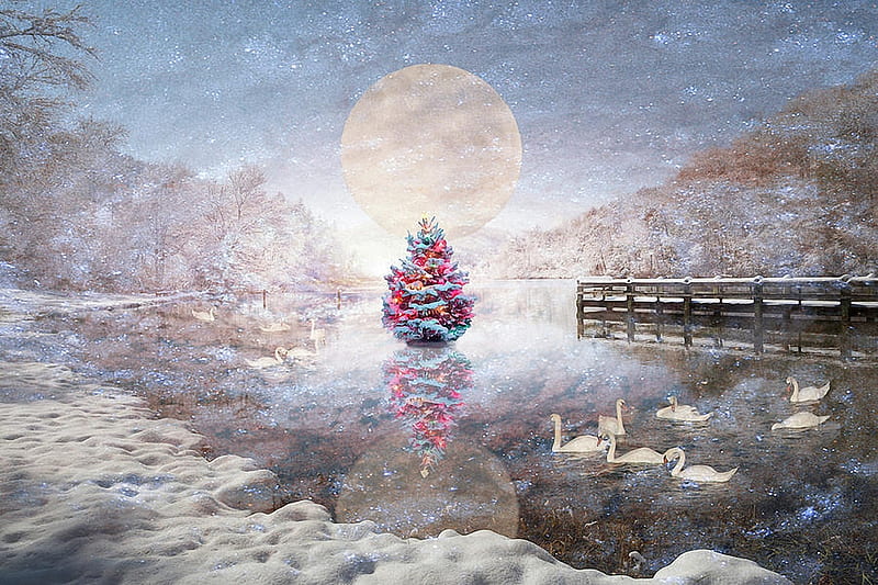 Nightfall at the lake on Christmas eve, tree, snow, pier, painting, winter, swans, artwork, light, HD wallpaper