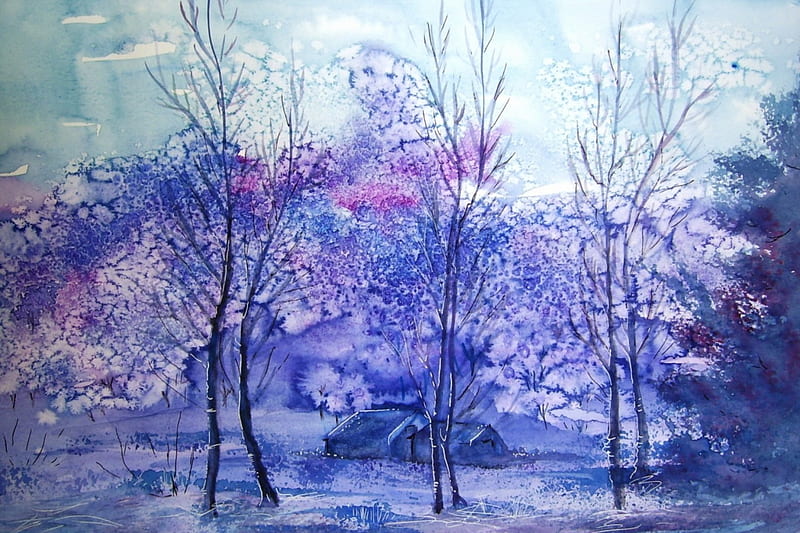 winter scene, art, bonito, trees, weather, winter, cold, bleak, snow, painting, nature, landscape, watercolor, HD wallpaper