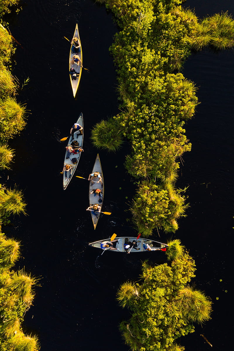 kayaks, boats, river, aerial view, HD phone wallpaper