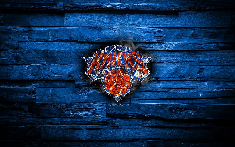 New York Knicks scorched logo, NBA, blue wooden background, american basketball team, Eastern Conference, grunge, NY Knicks, basketball, New York Knicks logo, fire texture, USA, HD wallpaper