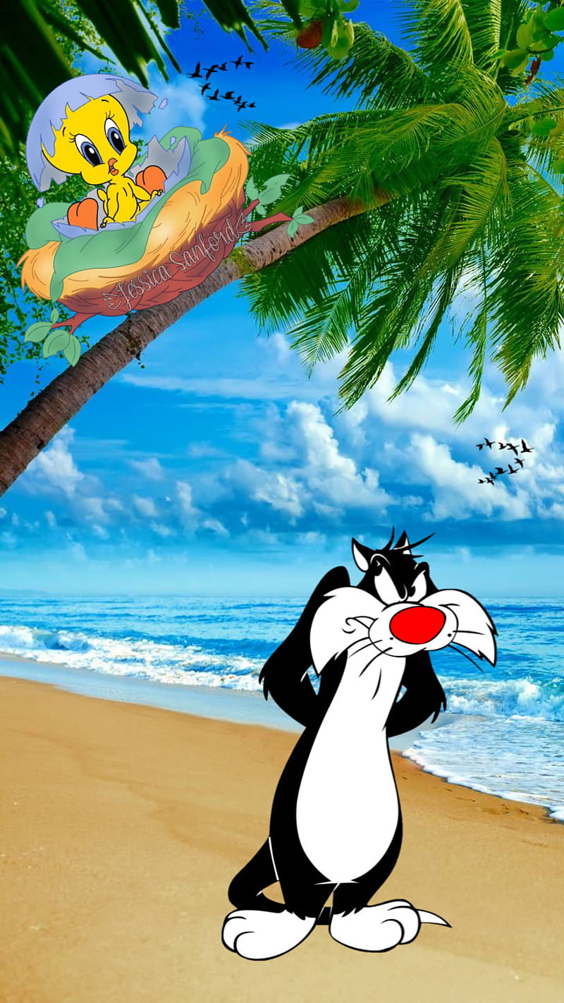Tweety, tweety bird, sylvester, cat, bird, beach, trees, clouds, water, HD phone wallpaper