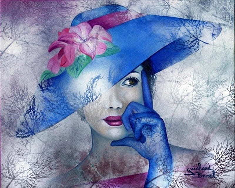 Art, gloves, flower, beautifully, painted, woman, blue, italian impressionism, hat, HD wallpaper