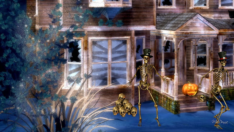 Groovy Halloween House, house, haunted, dancing, skulls, scary, Halloween, dance, skeletons, pumpkins, HD wallpaper
