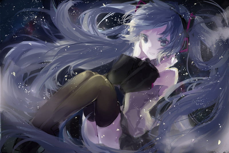 Miku and Night Star Sky, Volc, Classic, Beauty, Miku, New, Anime, Girl, Wall, HD wallpaper