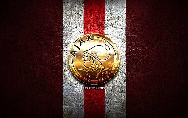 Ajax Cape Town FC, golden logo, Premier Soccer League, red metal background, football, Ajax Cape Town, PSL, South African football club, Ajax Cape Town logo, soccer, South Africa, HD wallpaper