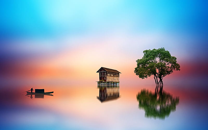 Lonely Tree, Boat, Sky, Man, River, Bungalow, Fantasy, Sunset, HD wallpaper