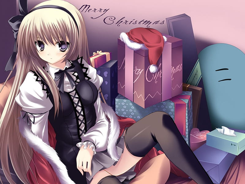 Cute Girl on Christmas Day, blushing, anime girl, christmas, santa hat, HD wallpaper