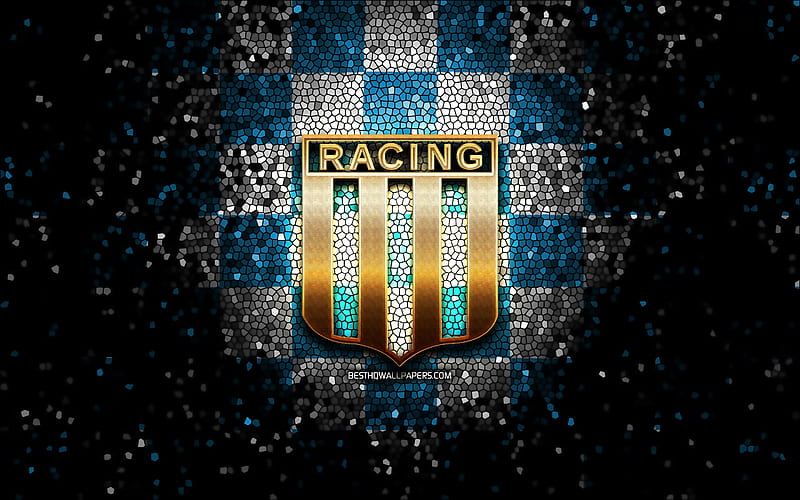 Racing FC, glitter logo, Argentine Primera Division, blue white checkered background, soccer, argentinian football club, Racing Club logo, mosaic art, Racing Club, football, Racing Club de Avellaneda, HD wallpaper