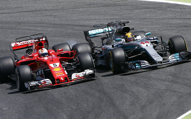 Lewis Hamilton, Sebastian Vettel, confrontation, Ferrari SF70H, F1, Formula 1, Scuderia Ferrari, Mercedes AMG Petronas team, HD wallpaper