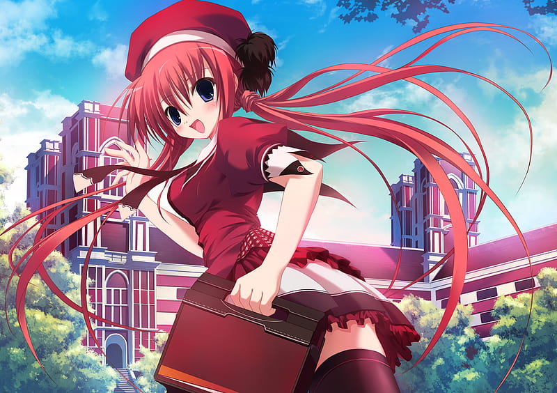 Off To School, trees, twin tails, hat, building, school, leaves, briefcase, nature, long hair, HD wallpaper