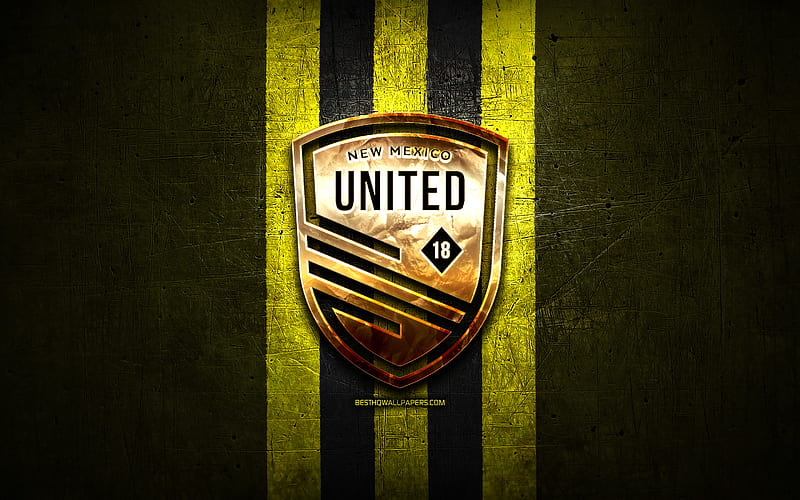 New Mexico United FC, golden logo, USL, yellow metal background, american soccer club, United Soccer League, New Mexico United logo, soccer, USA, HD wallpaper