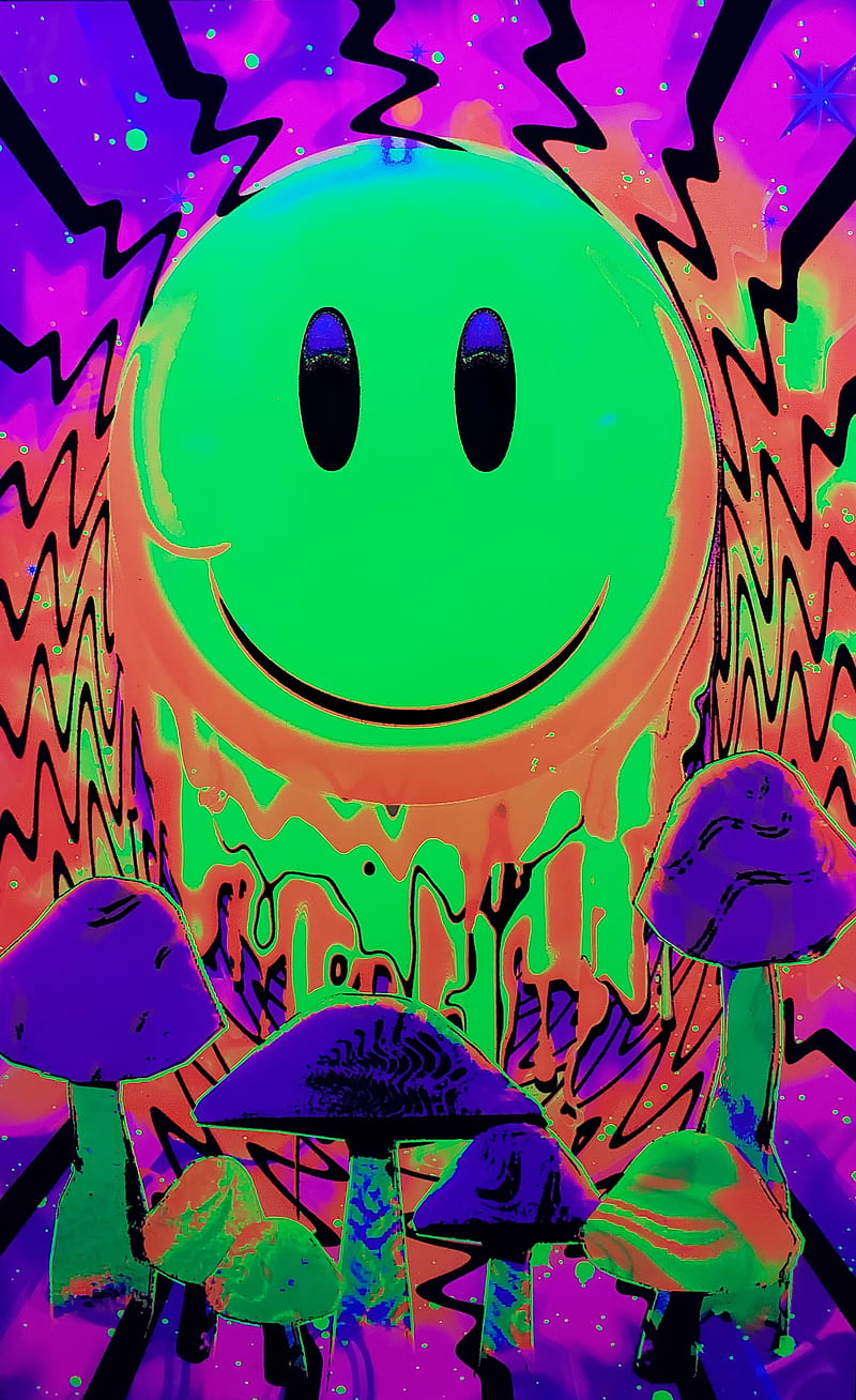 Psychedelic Smiley, blacklight, drugs, mushrooms, neon, party, shrooms, yellow, HD phone wallpaper