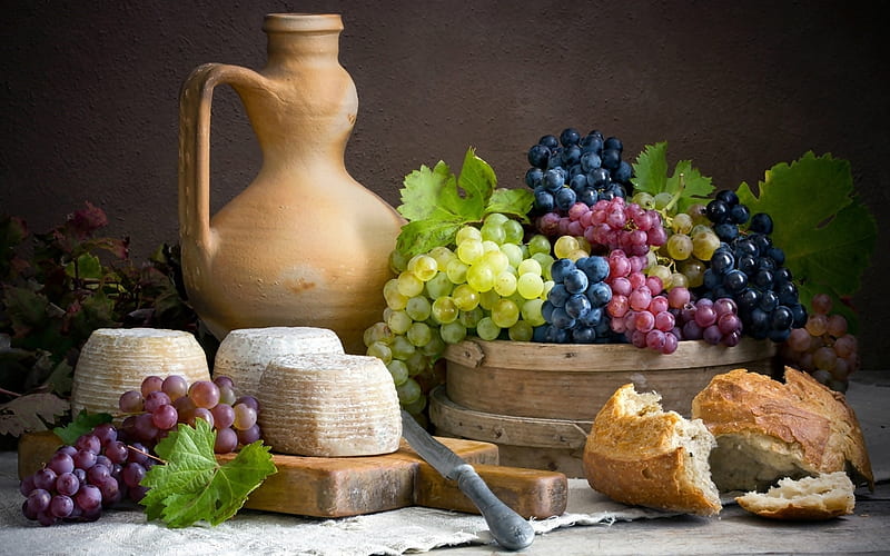 Grapes Still Life, bread, jug, grapes, cheese, still life, HD wallpaper