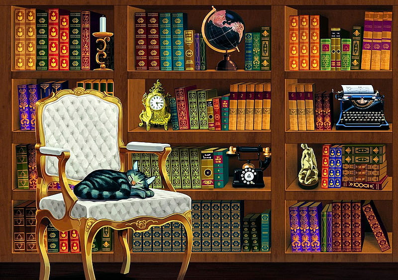 The Vintage Library, candle, telephone, books, typewriter, armchair, clock, cat, artwork, painting, HD wallpaper