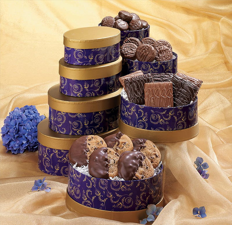 Chocolate, velvet, abstract, still life, graphy, purple, boxes, flowers, beauty, blue, HD wallpaper