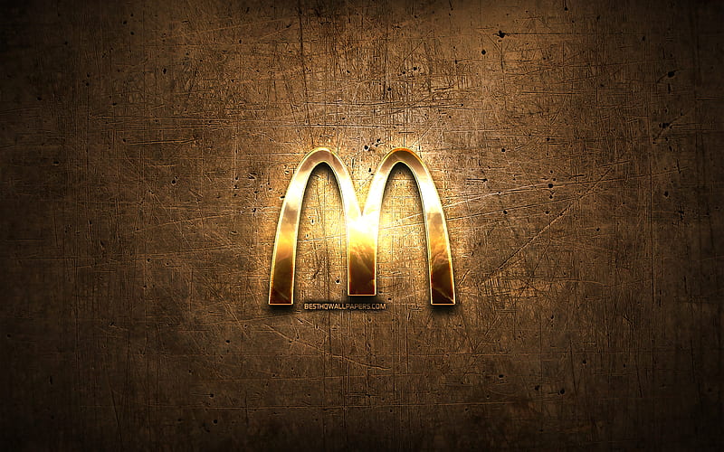 McDonalds golden logo, artwork, brown metal background, creative, McDonalds logo, brands, McDonalds, HD wallpaper