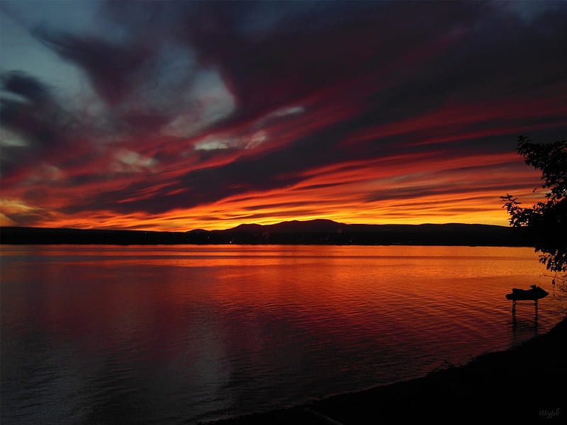 Sunset Over Cumberland Bay, red, shore, mountains, reflection, clouds, lake, Sunset, HD wallpaper