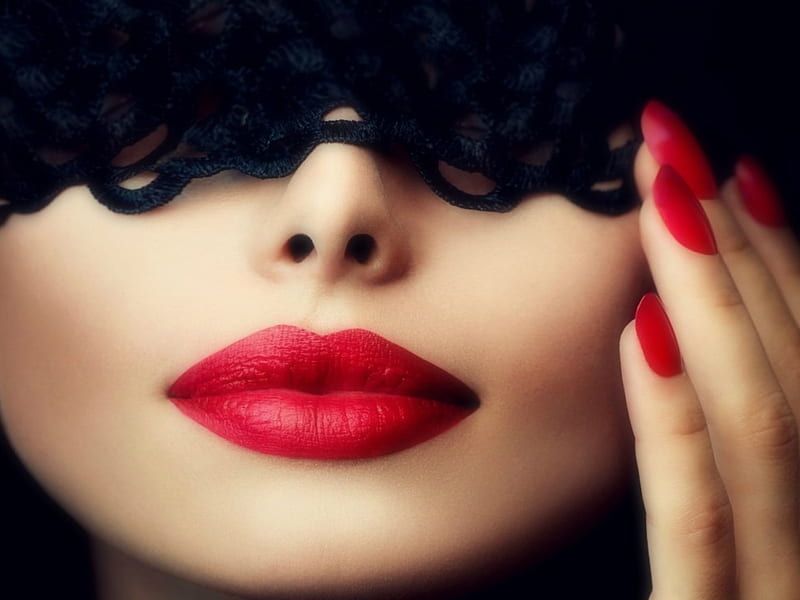 With Red , Mask, Beauty, Red, Lips, Lace, face, Woman, HD wallpaper