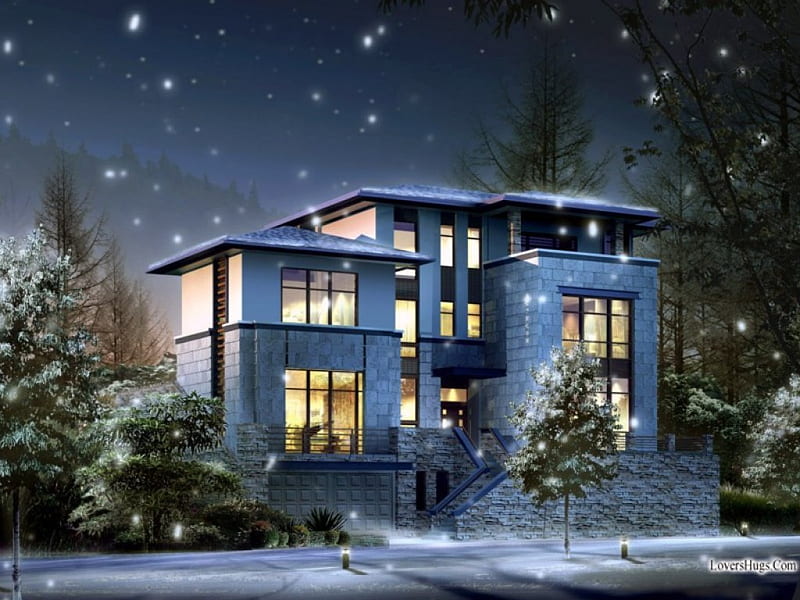'Beautiful House in the Winter', architecture, stunning, holidays, home, attractions in dreams, bonito, most ed, xmas and new year, cold, light, stars, houses, love four seasons, creative pre-made, sky, christmas trees, winter, snow, HD wallpaper