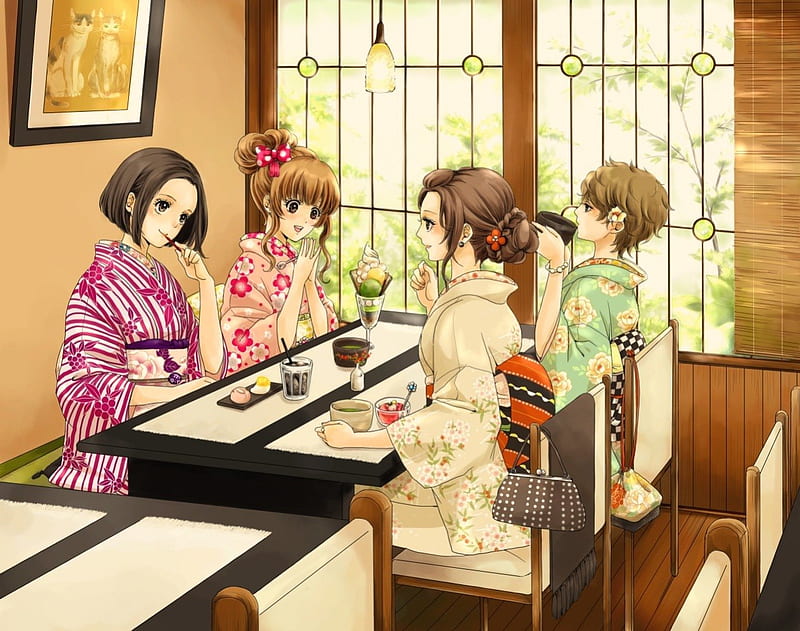 restaurant, table, female, friend, food, kimono, cute, short hair, group, girl, anime, yukata, chair, anime girl, long hair, HD wallpaper